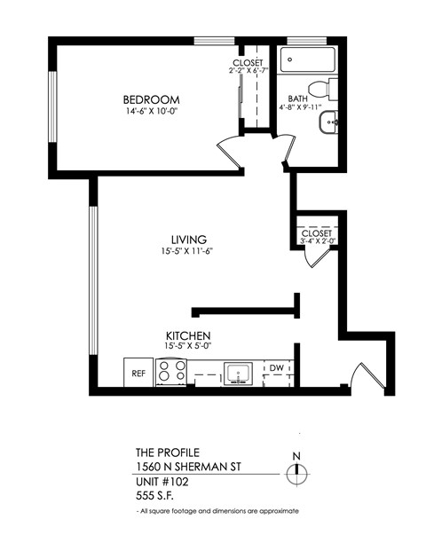 Floor plan for 1 bed, 1 bath, 540 sqft